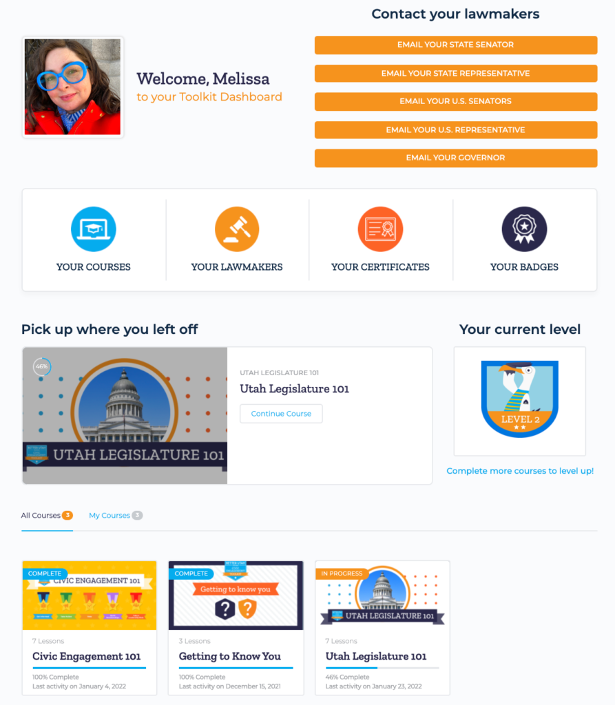 A dashboard with a profile picture and menu options to contact lawmakers. It displays courses like Utah Legislature 101 and Civic Engagement 101, a progress section, and current level status with a colorful, organized layout.