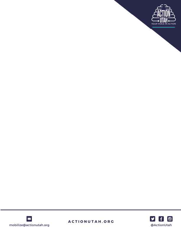 A letter-sized image with a dark blue triangle in the upper right-hand corner with a white Action Utah Logo and a turquoise underline. The page is mostly blank, but at the bottom, beneath a long solid dark blue line, there is the contact and social media info for the org
