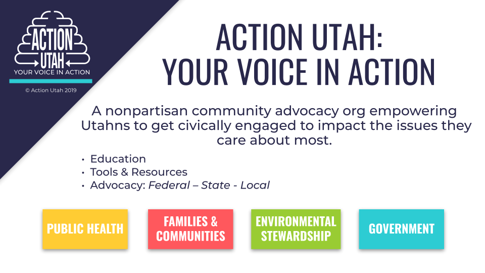 A presentation slide designed for Action Utah