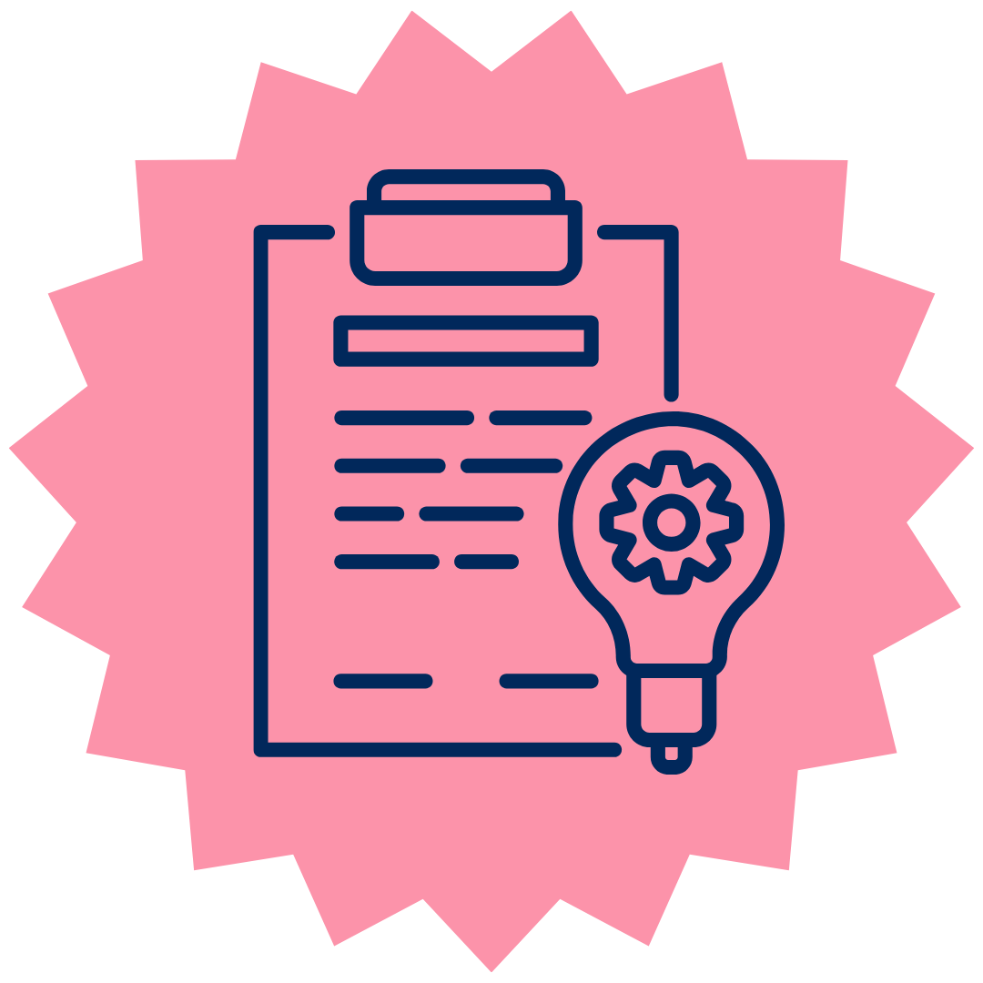 A blue outline of a clipboard and lightbulb with a cog inside, symbolizing innovation and ideas, over a pink starburst background.