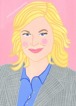 Illustration of Amy Poehler, a person with blonde hair wearing a gray patterned blazer and a blue shirt, set against a pink background. The style is bold and colorful, with pronounced facial features and a confident expression.