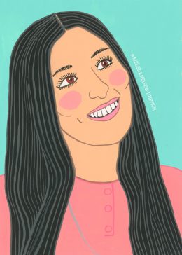 Illustration of Cher, a smiling woman with long black hair against a teal background. She is wearing a pink top. The style is bold and graphic, with emphasis on facial features and hair texture.