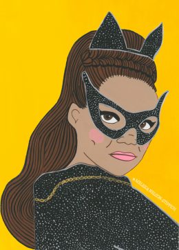 Illustration of Eartha Kitt, a woman with long brown hair wearing a cat-themed black mask and headpiece. She has a serious expression and is dressed in a black outfit with a cape, set against a bright yellow background.