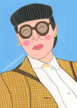 Illustration of a Edith Head, a person with large round glasses, pink cheeks, and bright lipstick. They have dark, slicked-back hair and are wearing a brown plaid jacket, white shirt, and gold earrings against a blue background.