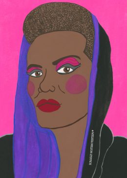 Illustration of Grace Jones, a person with bold makeup, including bright pink eyeshadow and lipstick. They have short hair and a purple headscarf against a pink background. The style is vibrant and colorful, emphasizing bold facial features.