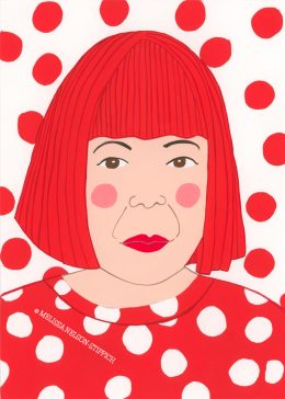 Illustration of Yayoi Kusama, a person with red bobbed hair and pink cheeks, wearing a red top with white polka dots. The background is white with red polka dots, matching the outfit.